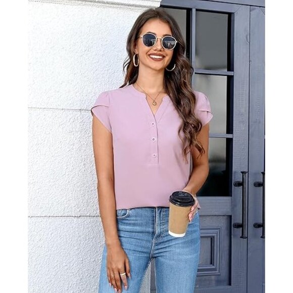 Siliteelon Women's Short Sleeve V Neck Button Down Dress Shirt Blouse Dark Pink - Picture 5 of 6